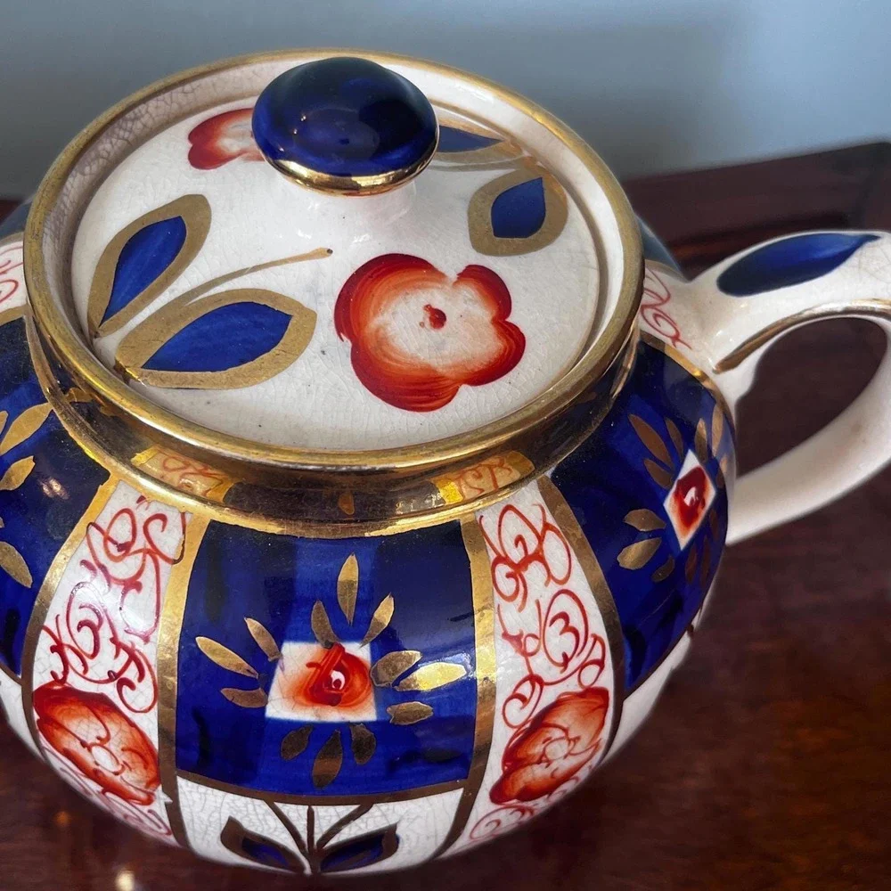 Sudlows Burlesom Gaudy Welsh‎ Tea Pot Cobalt Blue, rust and gold pattern